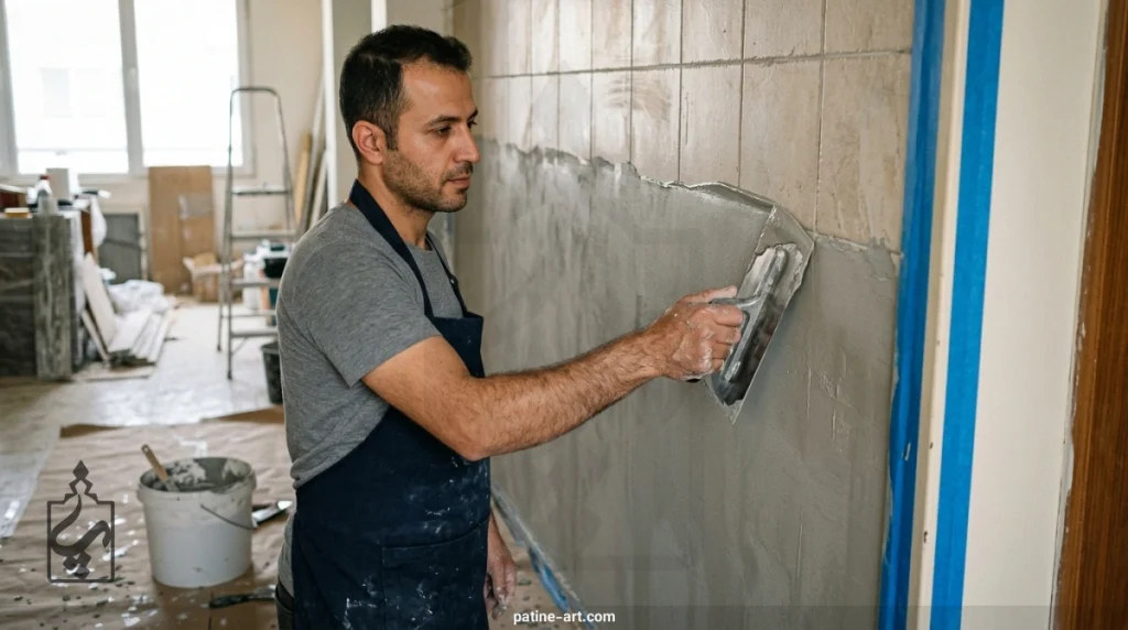 پر کردن بند کاشی و اجرای مش الیاف پیش از میکروسمنت