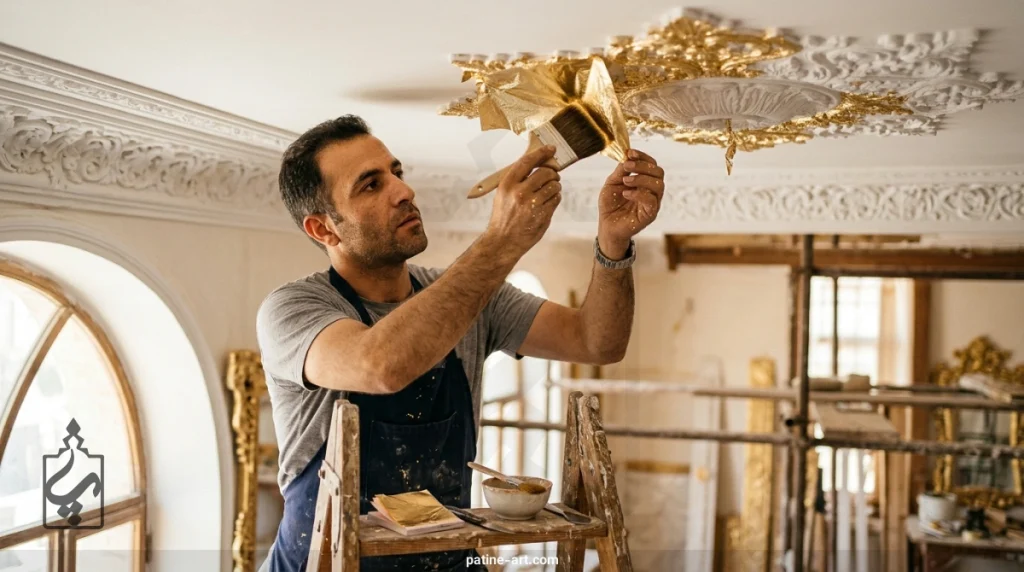 اجرای نمونه پتینه ورق طلا روی گل سقفی